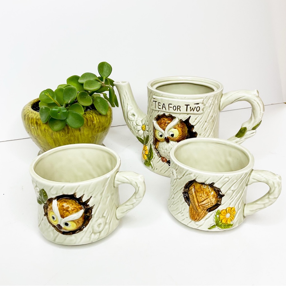 Vintage 1977 ENESCO Japan “Tea for Two” Owl Ceramic Teapot & Mug Set